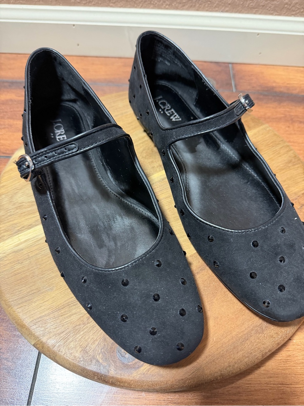J. Crew Factory Black Faux Suede Mary Jane Flats with Studded Detail Size 9